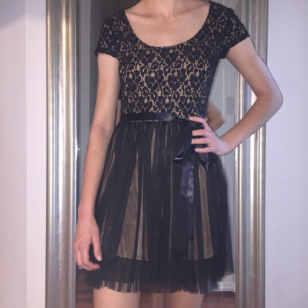 Nude Dress with Black Lace Overlay